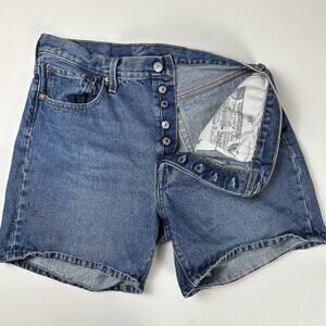 Levis 501 Jean Shorts Jorts Mid Length Denim Medium Wash Classic Hem Women 32